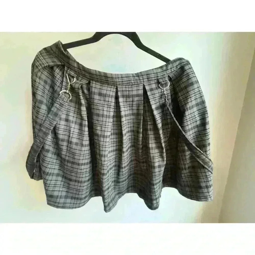 HOT TOPIC Plaid Skirt Womens L Black Gray Grunge Rock Punk Academia Suspenders - Picture 3 of 4
